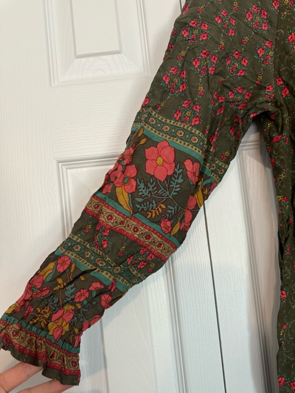 NATURAL LIFE Olive Midi Dress with Pink Floral and Multicolor Border - Picture 5 of 8